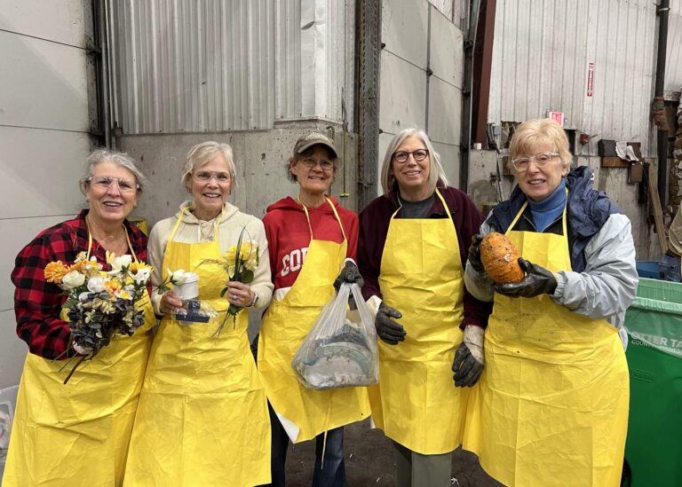 Dee Johnson, Peggy Underwood, Betsy Wells, Beth Monke, and Janell Mierisch working at the OTC Recycling Audit