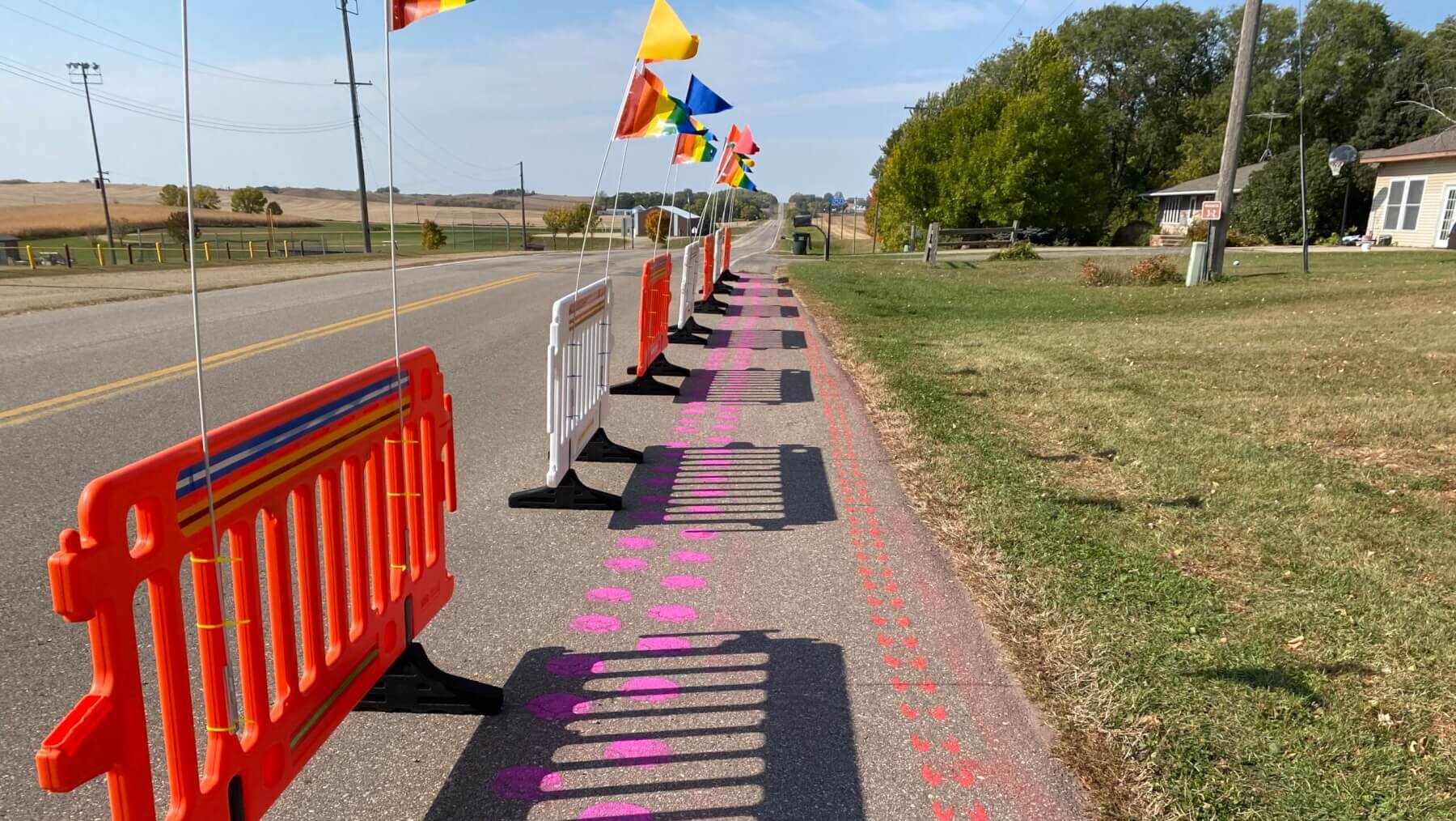 Flags on road.