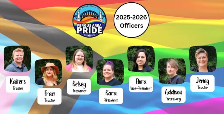 A rainbow, LGBTQIA+ flag and Fergus Pride logo is in the background. Memebers of the Fergus Area Pride are smiling at the camera. Their names are listed below.