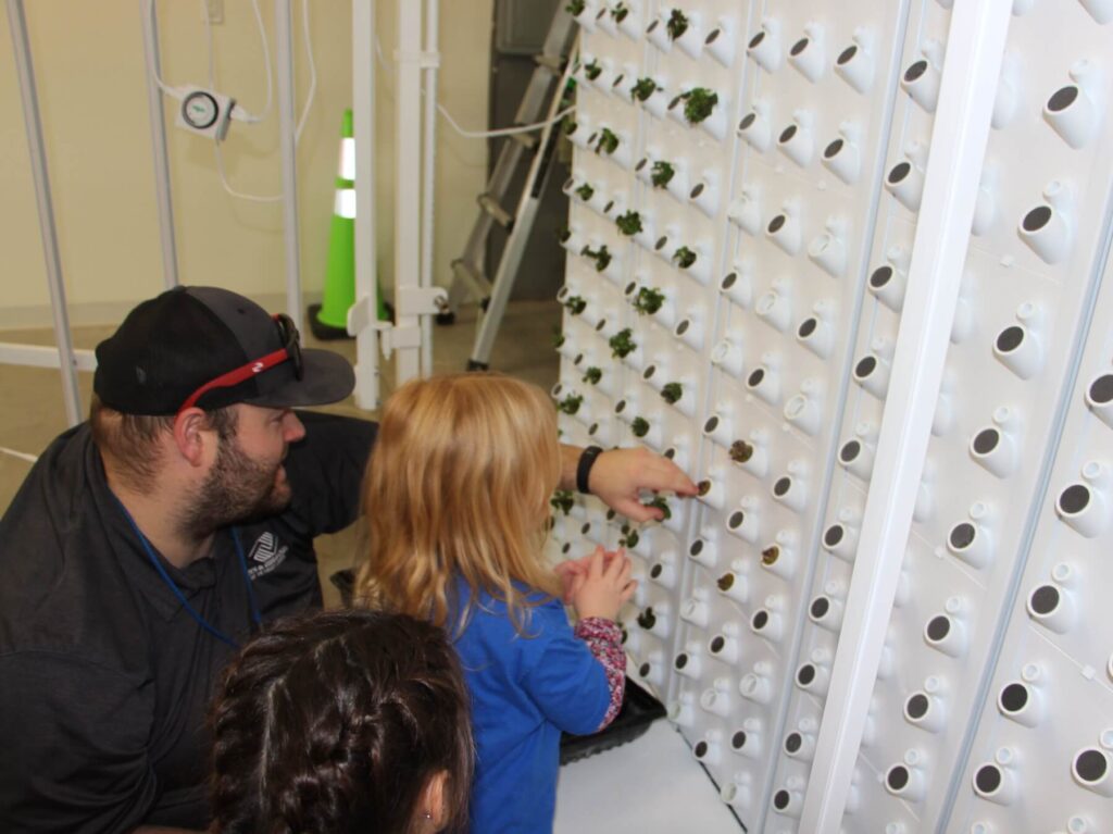 A man is kneeling to show a girl in a blue shirt a plant in the hydroponic garden