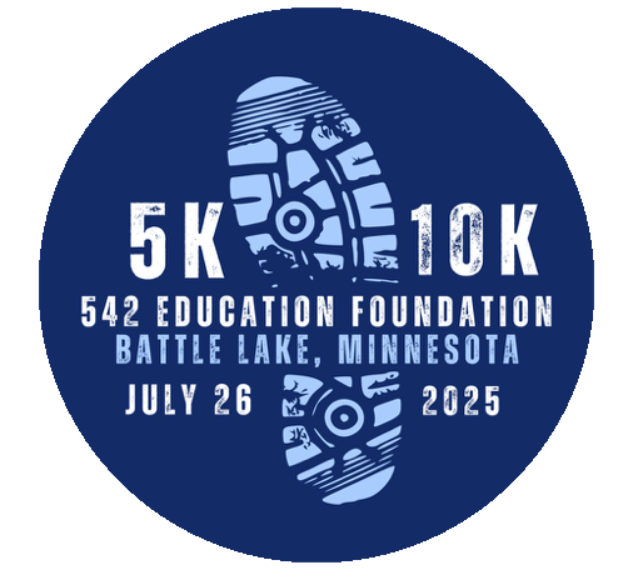 542 Education Foundation 5K/10K logo with shoeprint graphic, Battle Lake, Minnesota, July 26, 2025.