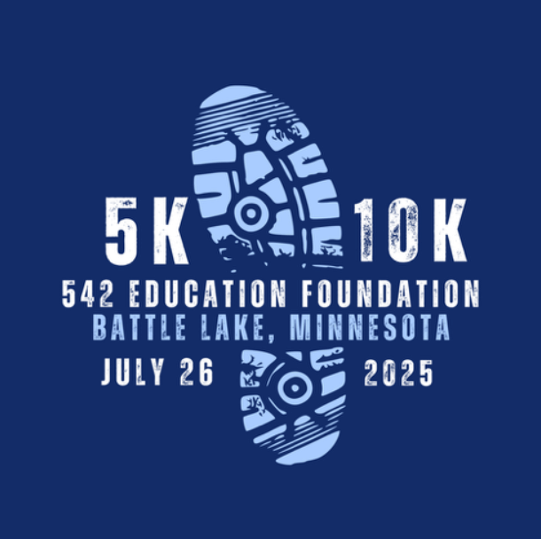 542 Education Foundation 5K/10K event logo with shoeprint, Battle Lake, Minnesota, July 26, 2025.