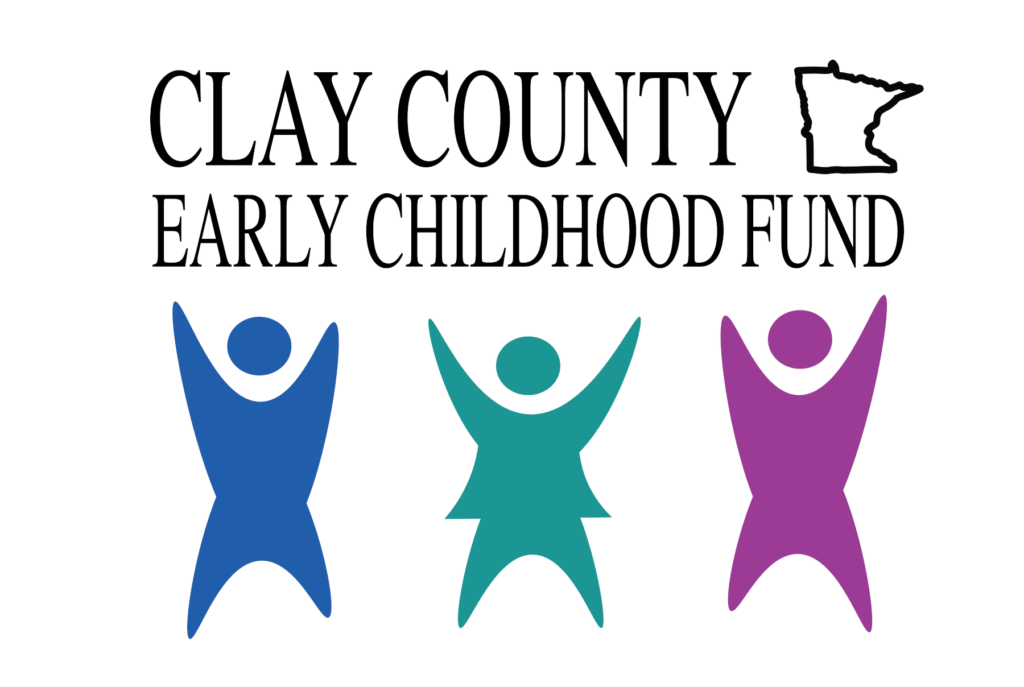 Logo reading “Clay County Early Childhood Fund” with an outline of the state of Minnesota and three stylized human figures in blue, teal, and purple with raised arms beneath the text.