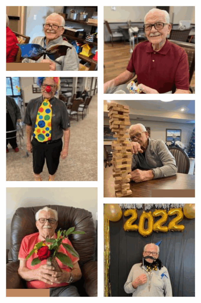 Collage of Richard “Dick” Krauth smiling and participating in activities, including games, dress-up, and a 2022 celebration.