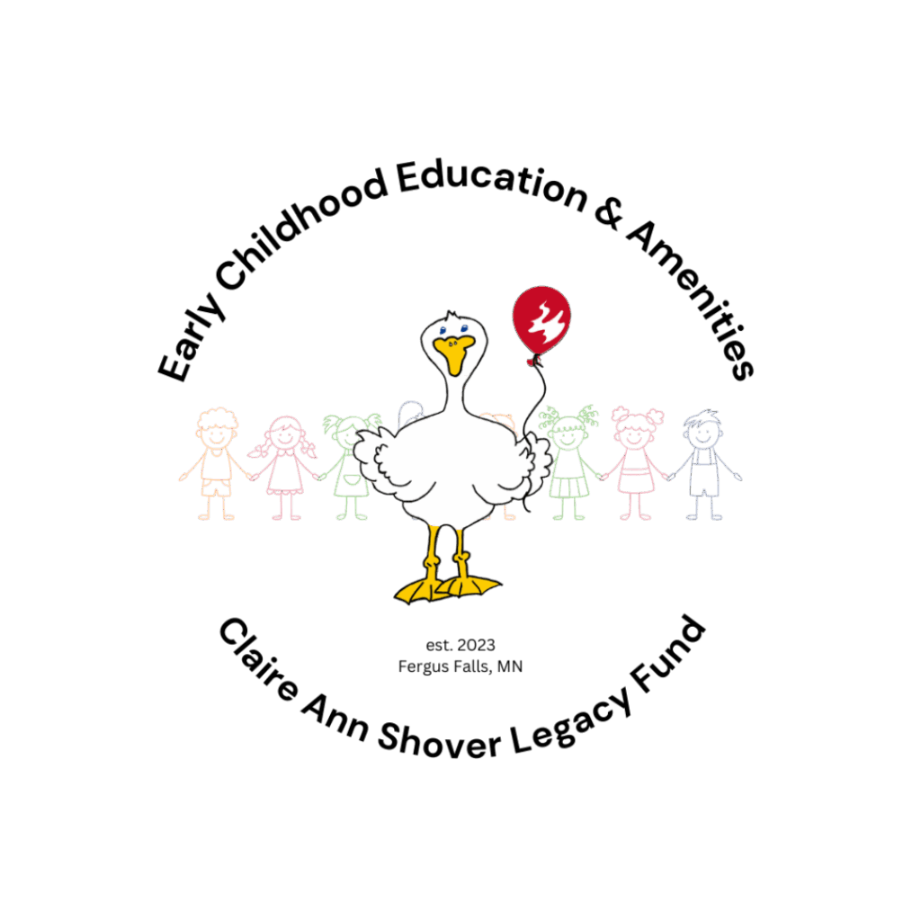 Logo for the Early Childhood Education of America featuring a white goose holding a red balloon, standing in front of a row of colorful stick-figure children holding hands.