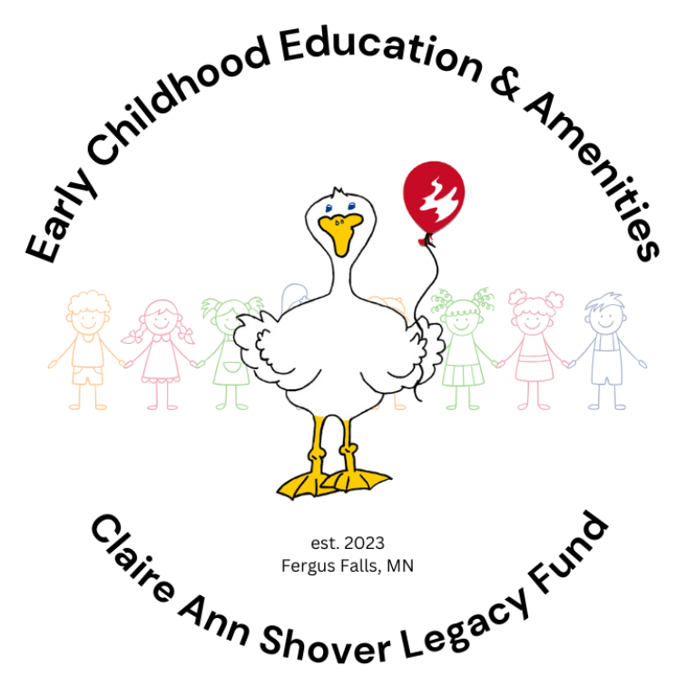 Logo for the Early Childhood Education and Amentieis Claire Ann Shover Legacy Fund featuring a white goose holding a red balloon, standing in front of a row of colorful stick-figure children holding hands.