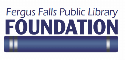 Logo for the Fergus Falls Public Library Foundation featuring the organization’s name above a stylized blue book spine graphic.