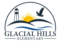 Logo for Glacial Hills Elementary featuring a lighthouse, rising sun over hills and water, and a flying bird above the text “Glacial Hills Elementary.”
