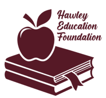 Hawley Education Foundation logo with apple on stacked books.