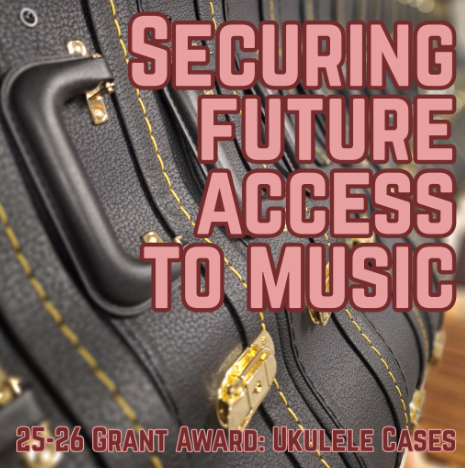 Picture of a row of ukulele case with text reading securing future access to music 2025-2026 grant award ukulele cases