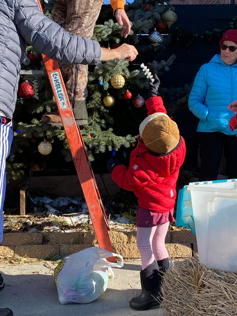 little kid putting ornament on Christmas tree