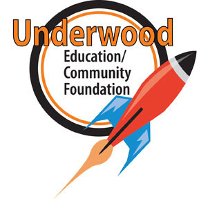 Logo for Underwood Education/Community Foundation featuring bold text encircled by a ring and a red rocket graphic.