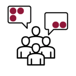 Four people icons with two thought bubbles